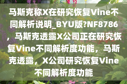 马斯克称X在研究恢复Vine不同解析说明_BYU版?NF8786，马斯克透露X公司正在研究恢复Vine不同解析度功能，马斯克透露，X公司研究恢复Vine不同解析度功能