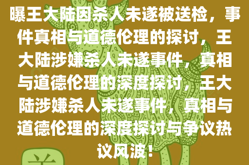 曝王大陆因杀人未遂被送检，事件真相与道德伦理的探讨，王大陆涉嫌杀人未遂事件，真相与道德伦理的深度探讨，王大陆涉嫌杀人未遂事件，真相与道德伦理的深度探讨与争议热议风波！