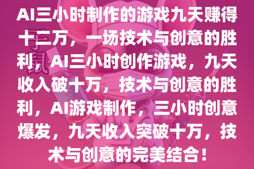 AI三小时制作的游戏九天赚得十二万，一场技术与创意的胜利，AI三小时创作游戏，九天收入破十万，技术与创意的胜利，AI游戏制作，三小时创意爆发，九天收入突破十万，技术与创意的完美结合！