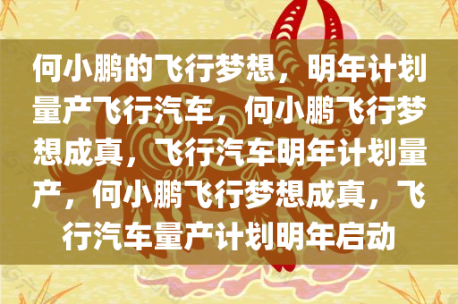 何小鹏的飞行梦想，明年计划量产飞行汽车，何小鹏飞行梦想成真，飞行汽车明年计划量产，何小鹏飞行梦想成真，飞行汽车量产计划明年启动