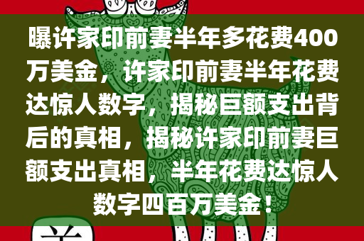 曝许家印前妻半年多花费400万美金，许家印前妻半年花费达惊人数字，揭秘巨额支出背后的真相，揭秘许家印前妻巨额支出真相，半年花费达惊人数字四百万美金！
