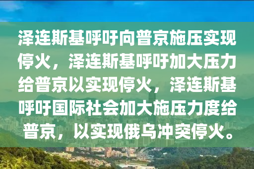 泽连斯基呼吁向普京施压实现停火，泽连斯基呼吁加大压力给普京以实现停火，泽连斯基呼吁国际社会加大施压力度给普京，以实现俄乌冲突停火。