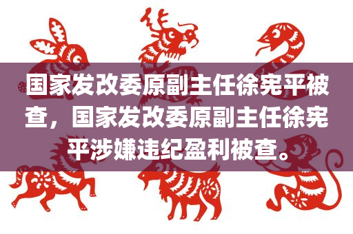 国家发改委原副主任徐宪平被查，国家发改委原副主任徐宪平涉嫌违纪盈利被查。